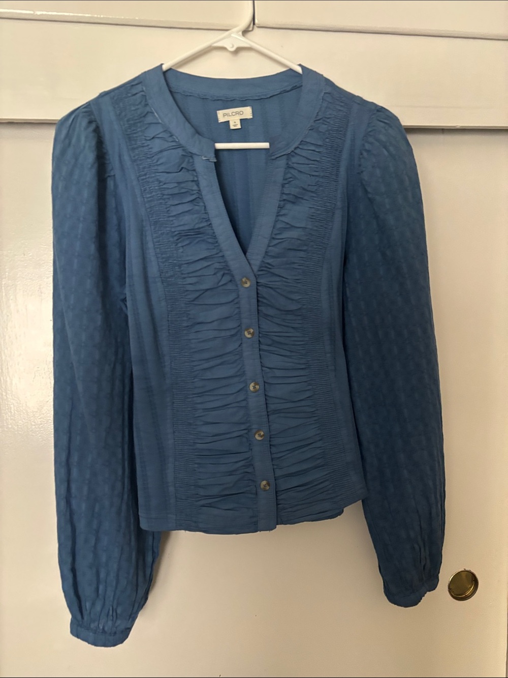 Pilcro Slate Blue Ruffle-Front Button Blouse